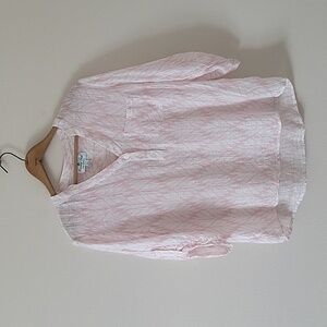 Coconut Row White Pink Linen Popover Blouse Size Large